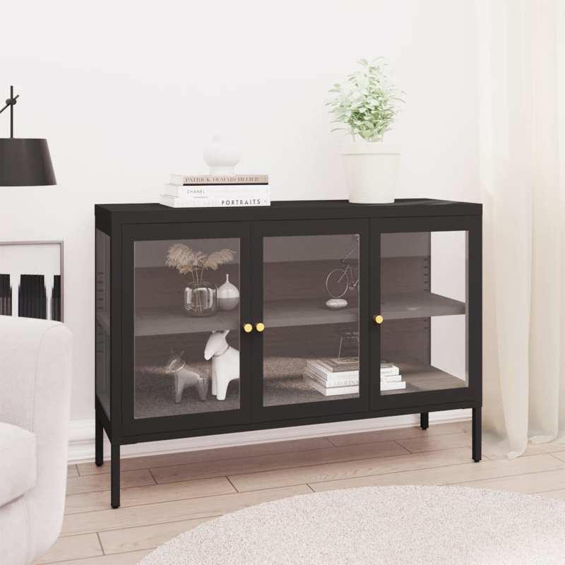 Dressoir – Sideboard – Opbergkast – Ladekast – Kast – Industrieel Design – 105x35x70 cm – Staal en Zwart Glas