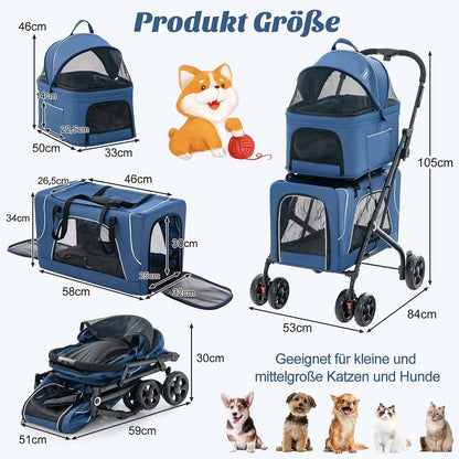 Hondenbuggy – Huisdierenwagen – Wandelwagen – Dierenbuggy – Transportbox – 3-in-1 Opvouwbaar – Oxford Stof & Metaal – Tot 16 kg – Ventilatie Gaasvensters & Opbergvakken – Blauw