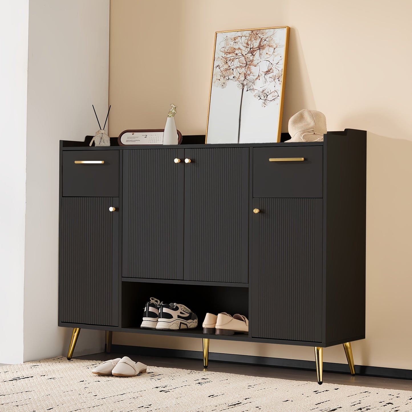 Shoe Cabinet With 2 Drawers And Shoe Rack With 4 Doors, Metal Feet, Black