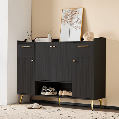 Shoe Cabinet With 2 Drawers And Shoe Rack With 4 Doors, Metal Feet, Black