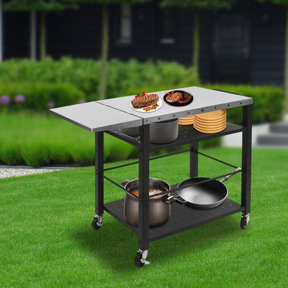 BBQ Trolley – Barbecuewagen – Grillwagen – Buitenkeuken – Campingwagen – 4 Tiers Opbergruimte – RVS Met Universele Wielen Zwart