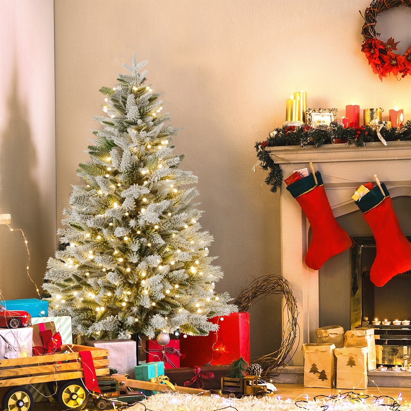 Kerstboom – Kunstkerstboom – Nepkerstboom – Decoratieboom – Winterboom – 225 cm Hoog – Met Ingebouwde LED Verlichting