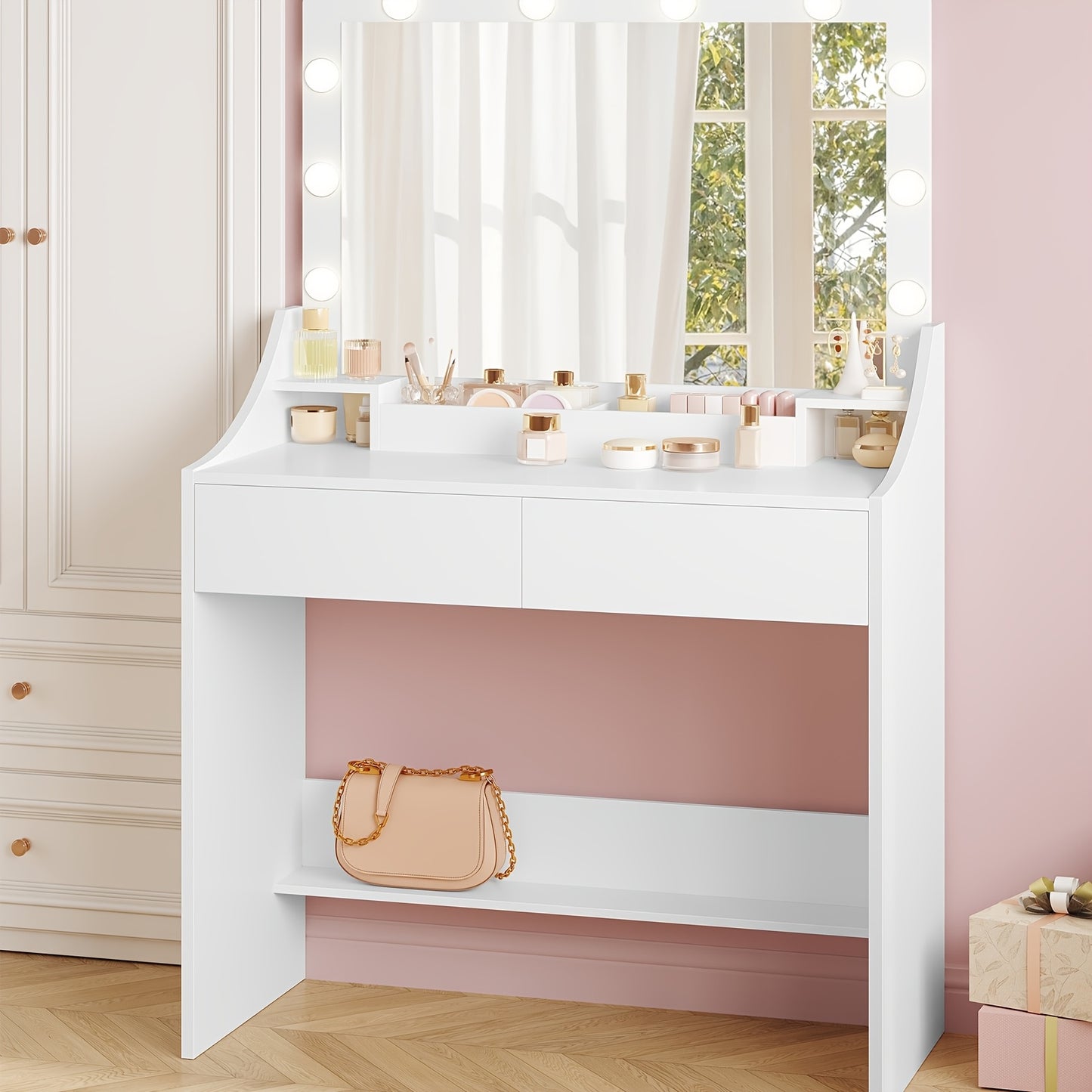 Kaptafel – Make-uptafel – Vanity – Schminktafel – Toilettafel – Wit – Grote Spiegel Met LED-verlichting – 3 Lades & Opbergruimtes