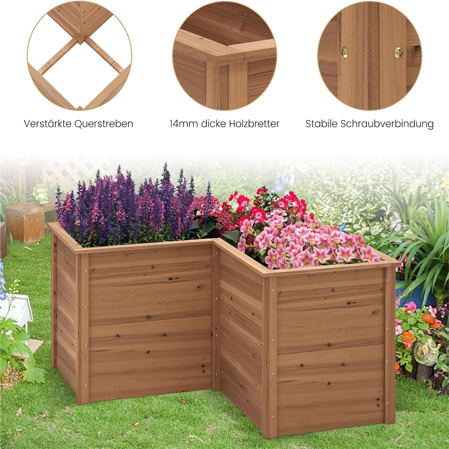 Hoogtebed Tuin – Verhoogd Tuinbed – Plantenbak – Kruidenbak – Bloembed – L-Shape – Hout – 120x120x63 cm – Weerbestendig – Open Bodem