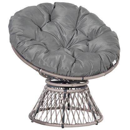 Papasan Stoel – Ronde Tuinstoel – Draaistoel – Lounge Stoel – Relaxstoel – 360° Draaibaar – Weerbestendig Resin Rattan – Groot Zacht Kussen Polyester Grijs