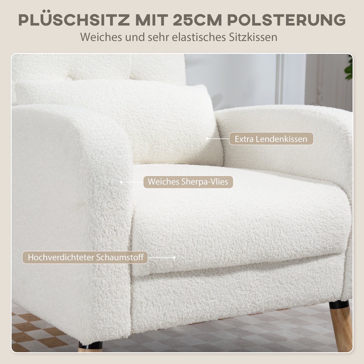 Fauteuil – Armstoel – Zetel – Leunstoel – Clubstoel – Modern Design – Rubberhouten Pootjes – Lendensteunkussen – Wit