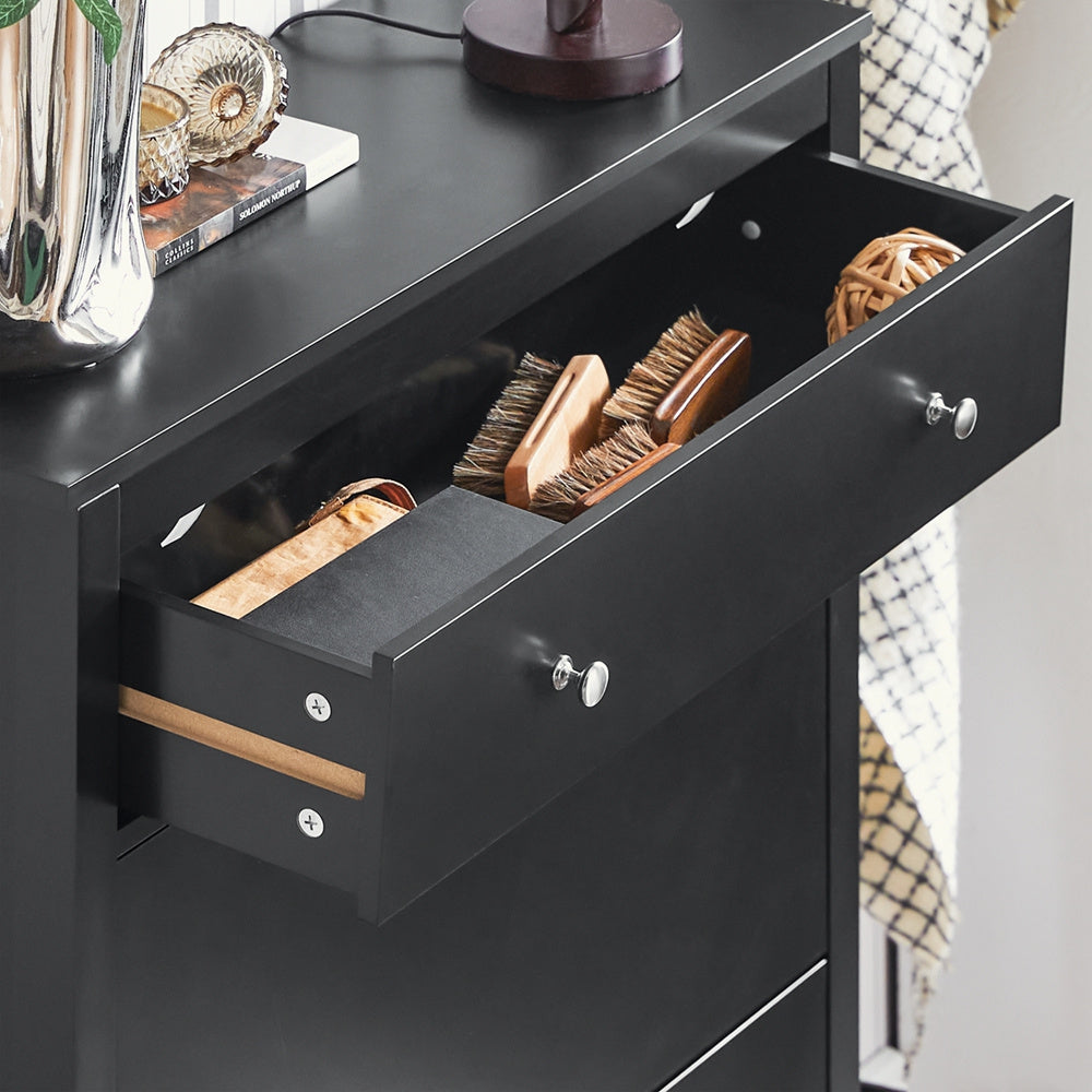 Schoenenkast – Schoenenrek – Schoenenkast – Schoenopberger – Schoenentoren – 2 Kleppen – Ingebouwde Lade – MDF – Slank Ontwerp 80x108x25 cm – Vloerbeschermers – Stijlvolle Metalen Handgrepen
