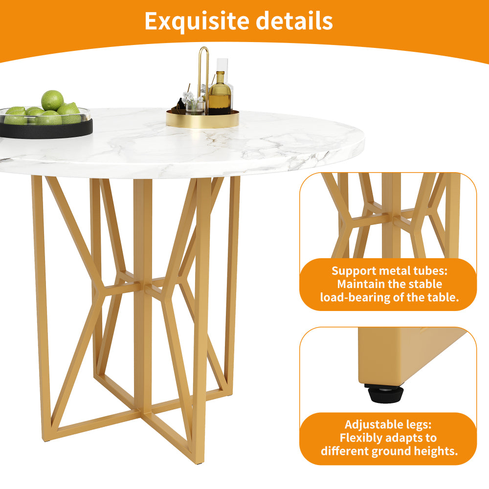 Ronde Eettafel – Tafeltje Rond – Ronde Tafel – Eetkamertafel Rond – Kleine Tafel – Luxe Marmerlook MDF Blad – Gouden Metalen Poot – 80x80x76 cm – Geschikt voor 4-6 Personen