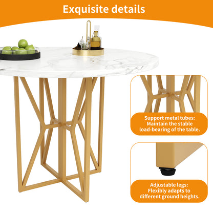 Ronde Eettafel – Tafeltje Rond – Ronde Tafel – Eetkamertafel Rond – Kleine Tafel – Luxe Marmerlook MDF Blad – Gouden Metalen Poot – 80x80x76 cm – Geschikt voor 4-6 Personen