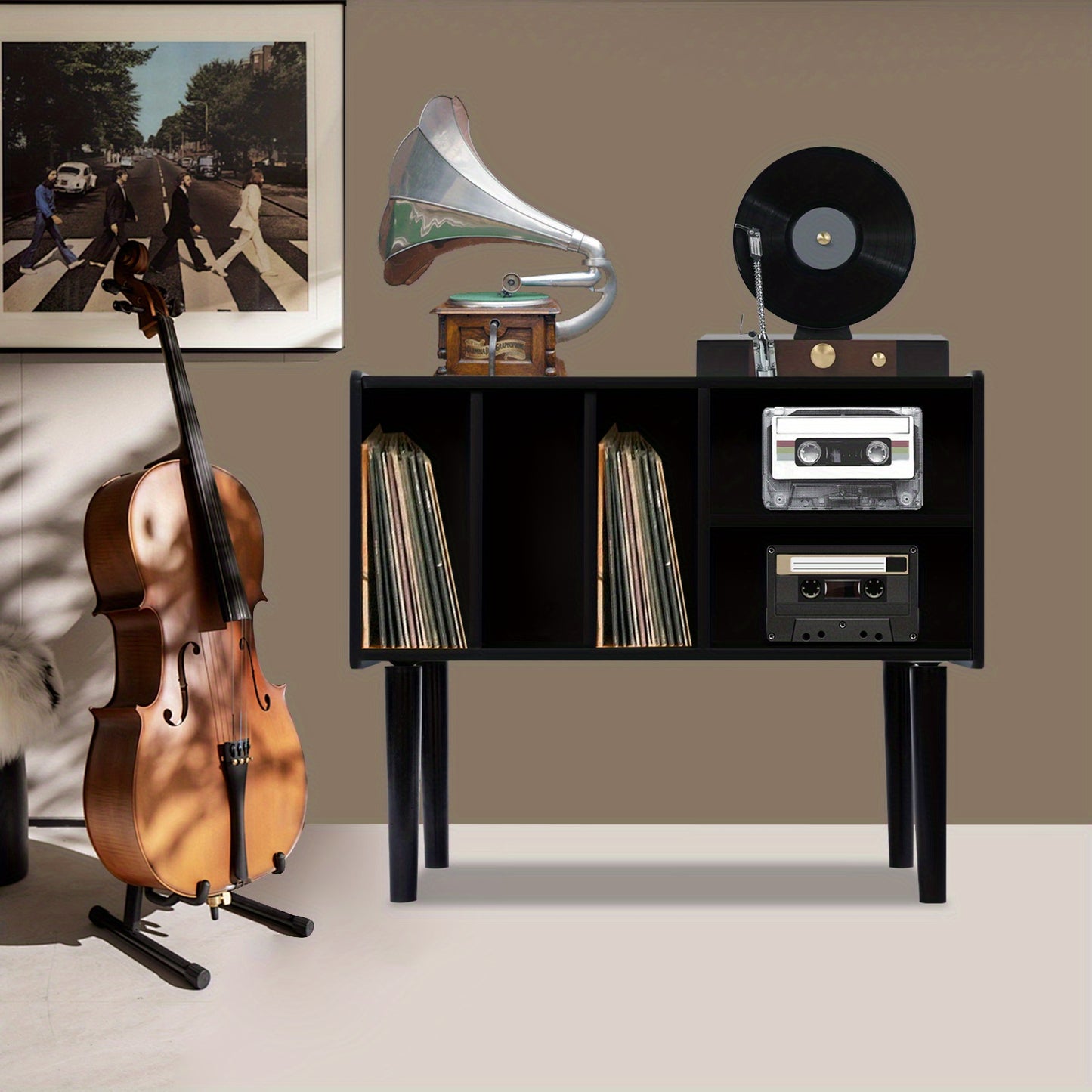 Modern Black Vinyl Record Player Stand with Storage Cabinet - Heavy-Duty MDF & Iron Construction, 80.01cm x 68.07cm x 39.88cm Turntable Stand with 4-Tier Shelves, Holds 220 Vinyl Records, Space-Saving Design for Living Room,