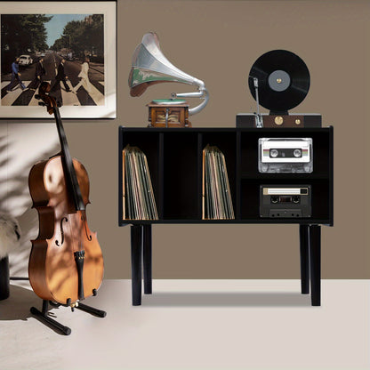 Modern Black Vinyl Record Player Stand with Storage Cabinet - Heavy-Duty MDF & Iron Construction, 80.01cm x 68.07cm x 39.88cm Turntable Stand with 4-Tier Shelves, Holds 220 Vinyl Records, Space-Saving Design for Living Room,