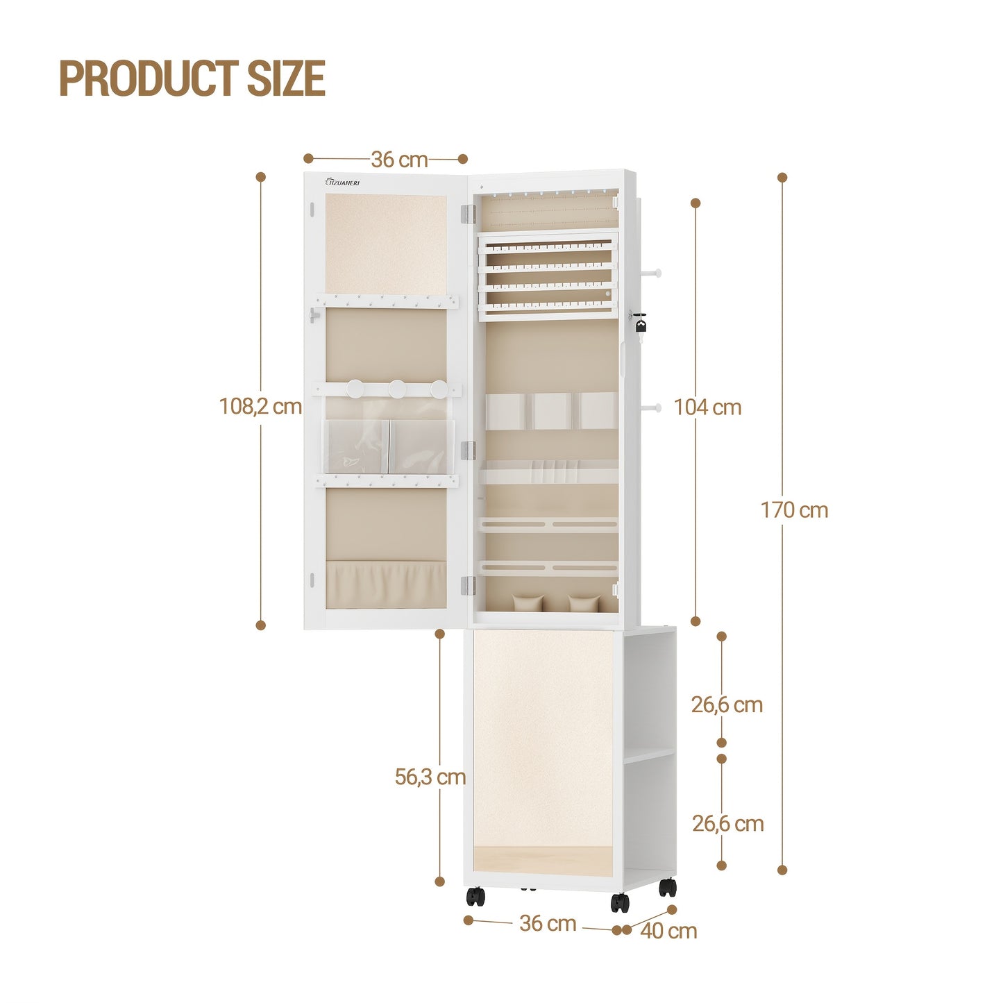 Sieradenkast – Juwelenkast – Spiegelkast – Opbergkast – Organizer – 5-in-1 Design – Volledige Spiegel met 8 LED Verlichting – MDF Wit en Beige