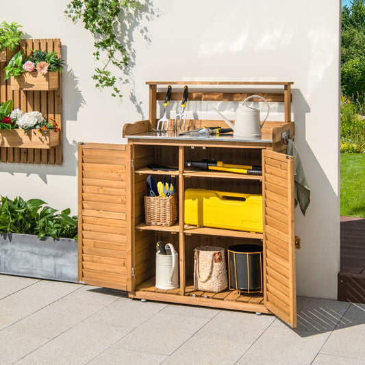 Buitenpottenbank – Tuinwerkbank – Plantenbank – Pottenrek – Tuinmeubel – Vurenhout Met Gegalvaniseerd Metaal – 3 Haken En Verwijderbare Planken