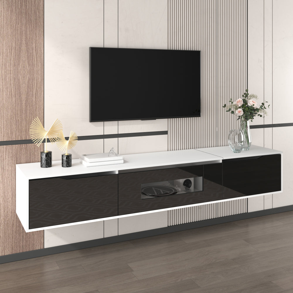 Modern Metal TV Stand with High-Gloss Finish - Wall-Mounted or Freestanding Media Console, Space-Saving Design in Black & White, Easy Installation with Hardware Included, Minimalist Entertainment Center for Living Room, Home
