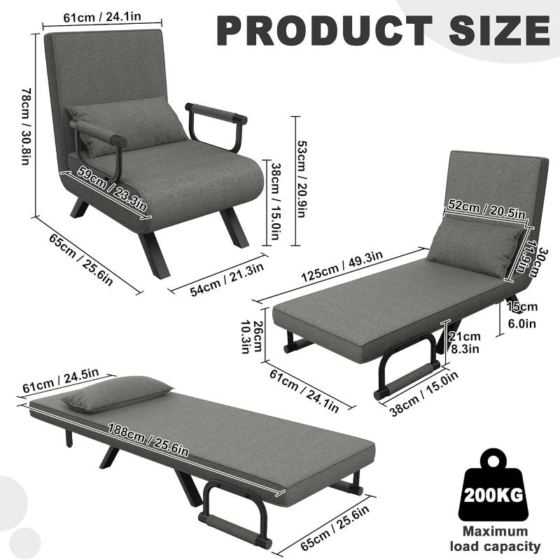 Slaapbank – Slaapstoel – Bedbank – Logeerbed – Relaxbank – 3-in-1 Multifunctioneel – Stof Linnen Bekleding – Compact Voor Kleine Ruimtes – Donkergrijs