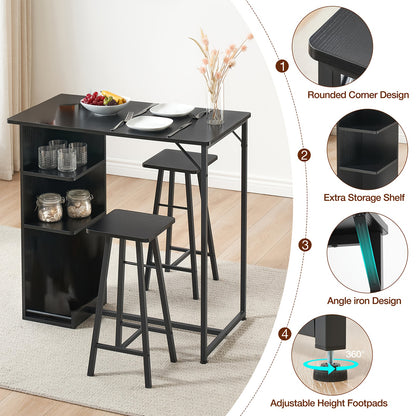 3pcs Compact Modern Farmhouse Bar Table and Chairs Set with 3-Tier Storage Shelves - Space-Saving Wood Construction, Black Finish for  Apartments, Living Room, Kitchen, Dining Room - Sturdy A-Frame Design & Comfortable Seatin