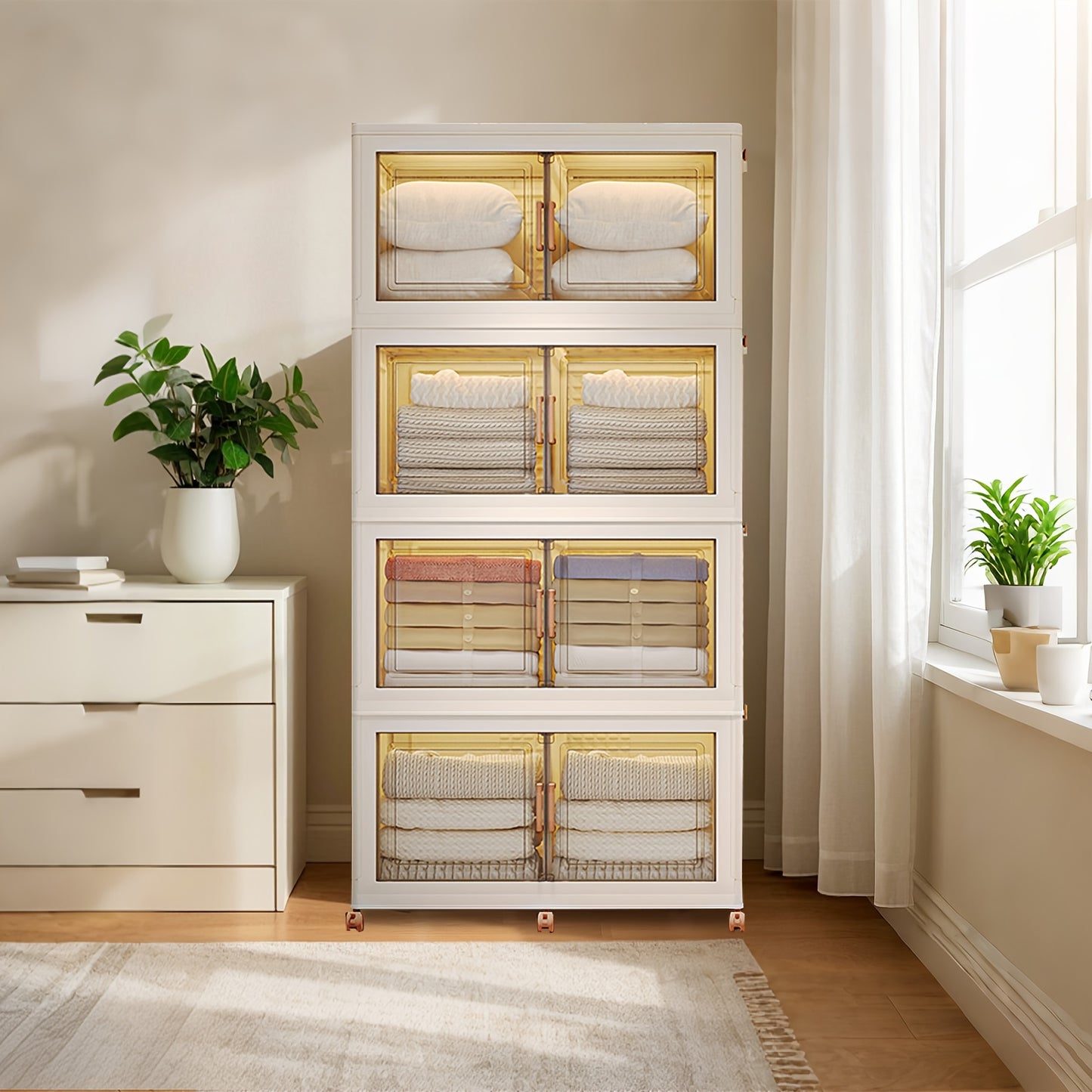 4-laags Plastic Kledingkast – Opbergkast – Dressoir – Garderobekast – Opbergkast Met Deuren – Wit – Inklapbaar Ontwerp – 4 Wielen Voor Mobiliteit – 4x145L Capaciteit – Duurzaam PP Materiaal