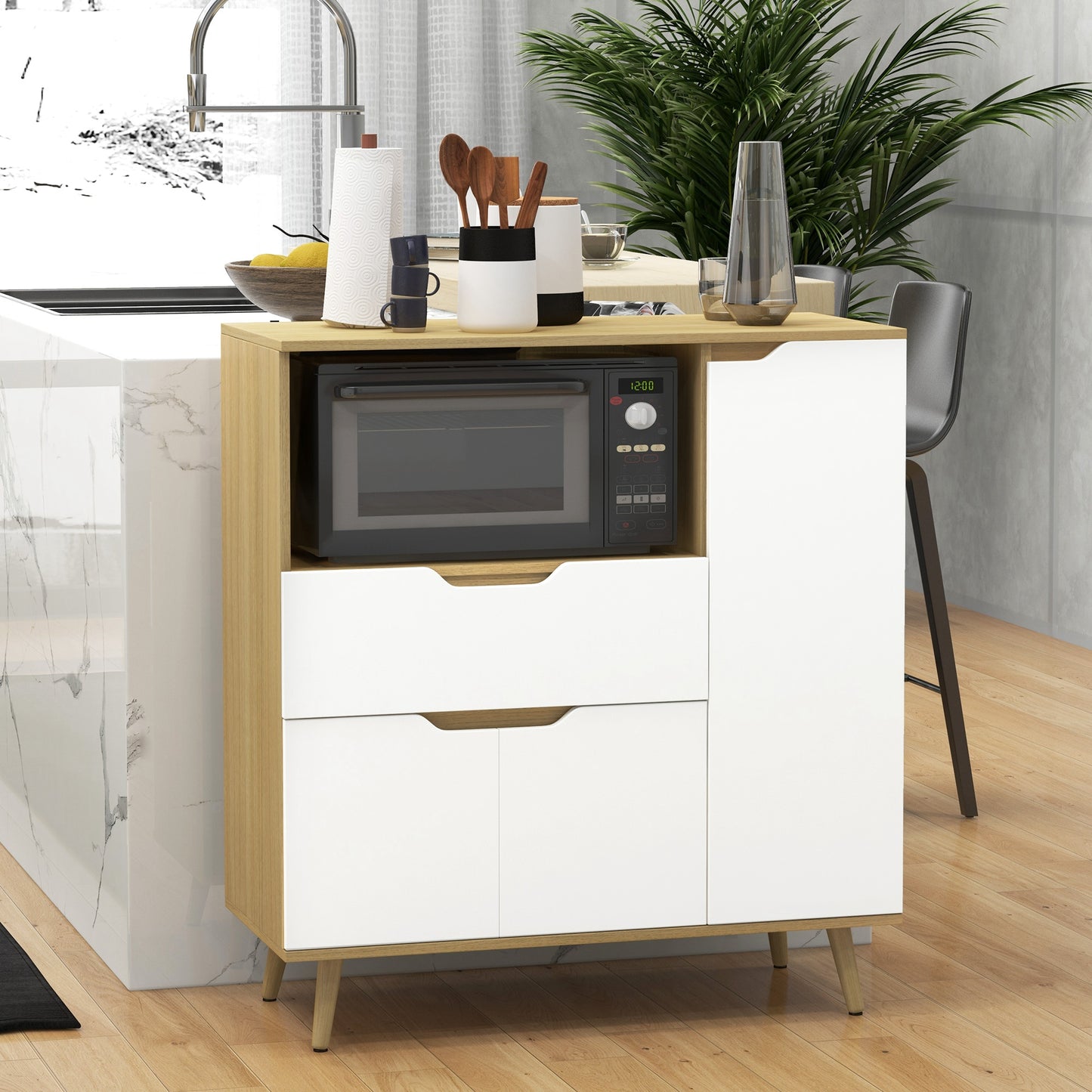 Keukenkastje – Keukenbuffet – Opbergkast – Kast met Lade – Keukenkast met Verstelbare Planken – 90x40x98,5 cm – Wit Met Houtlook – Duurzaam Melamine – Anti-Kantelbeveiliging