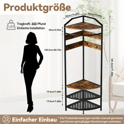 Hoekkapstok – Kapstok Hoek – Staande Kapstok – Jasrek – Halmeubel – Met Bankje en 4 Haken – Stabiel Metaal en Hout – Ruimtebesparend Design 181 cm Hoog