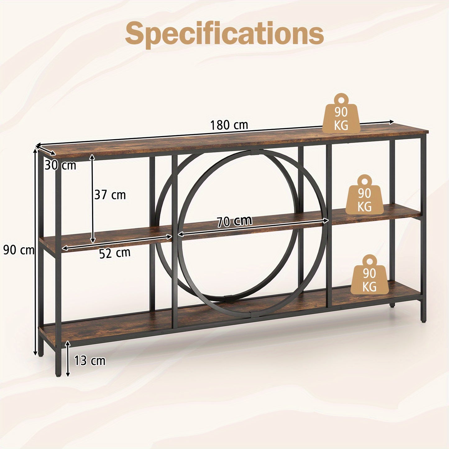 Mid-Century Halbank – Sofa Tafel – Console Tafel – Opbergtafel – Halmeubel – Stevig Metalen Frame – 3 Opbergniveaus – Extra Lang Faux Hout – Rustiek Bruin