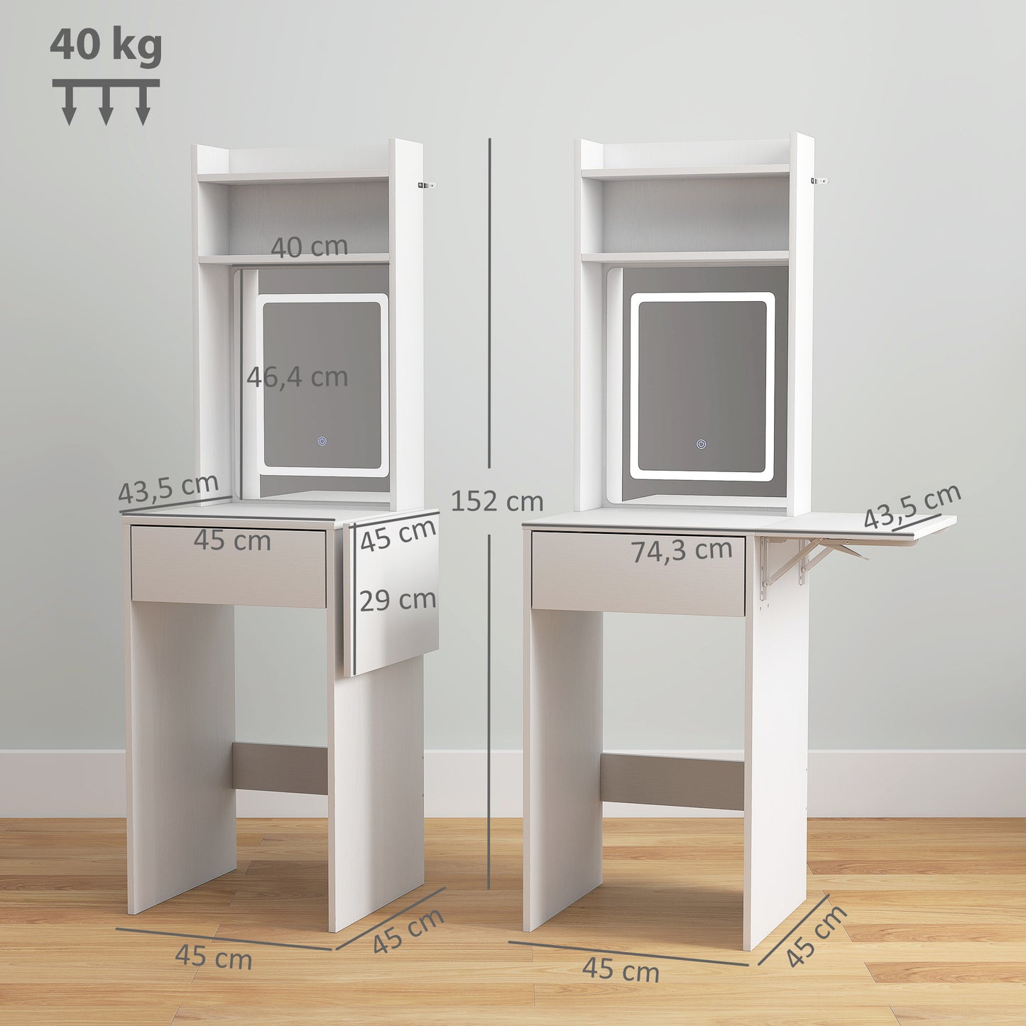 Make-up Tafel – Kaptafel – Make-up Bureau – Schminktafel – Vanity Tafel – Compact Ontwerp – LED-verlichting Met Spiegel