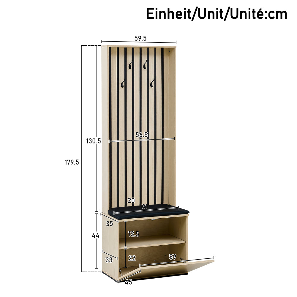 Halmeubel – Halbankje – Schoenenkast – Kapstok – Opbergmeubel – Natuurlijke Kleur – Ruimtebesparend Design – Comfortabele Zitting met 4 Haken