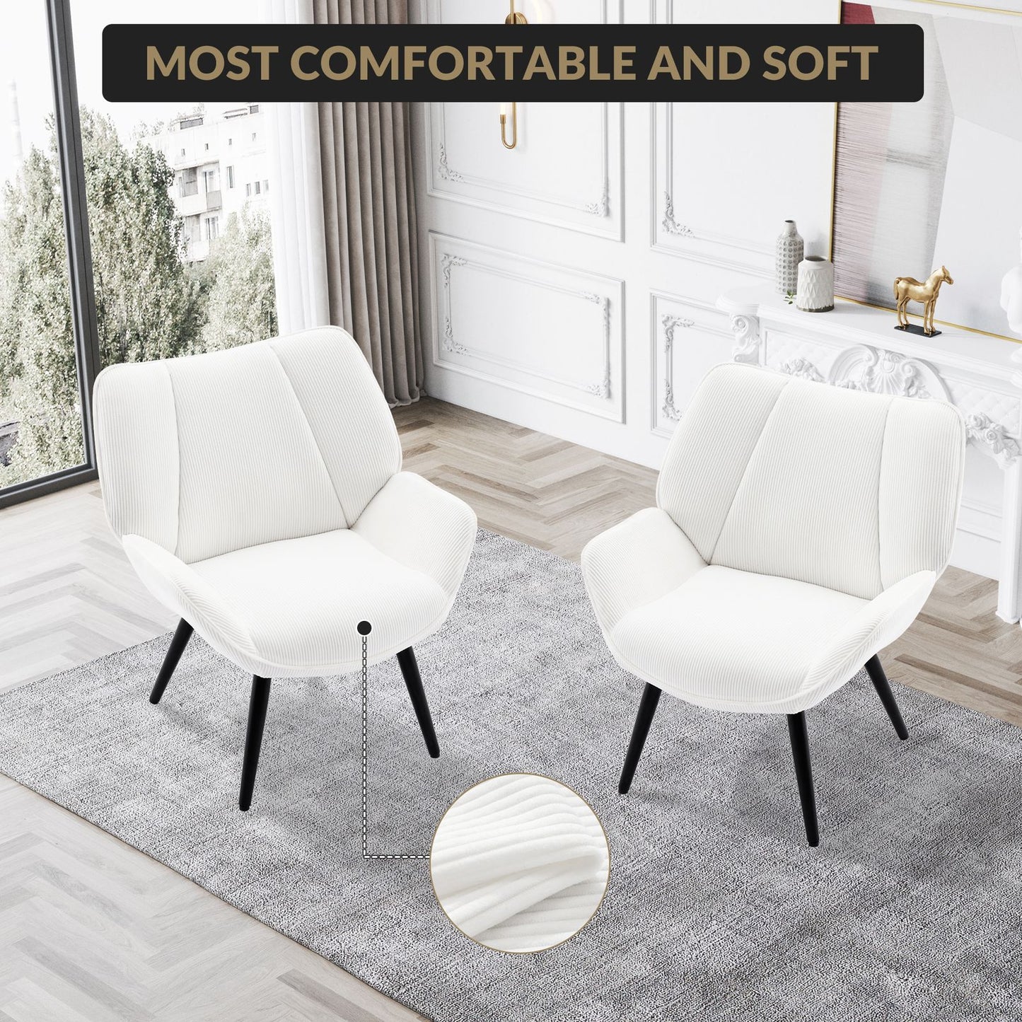 Mid-Century Armstoel – Accentstoel – Fauteuil – Leunstoel – Witte Lounge Stoel – Comfortabele Zitting – Stevige Metalen Poten