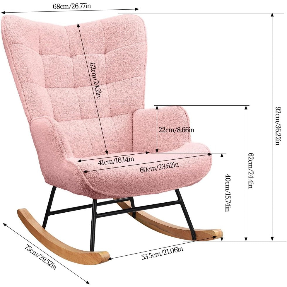 Schommelstoel – Schommelstoel Met Armleuning – Relaxstoel – Stoel Met Hoge Rugleuning – Teddy Bekleding Roze – Ergonomisch Design – Memory Foam Zitting
