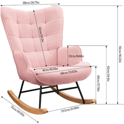 Schommelstoel – Schommelstoel Met Armleuning – Relaxstoel – Stoel Met Hoge Rugleuning – Teddy Bekleding Roze – Ergonomisch Design – Memory Foam Zitting