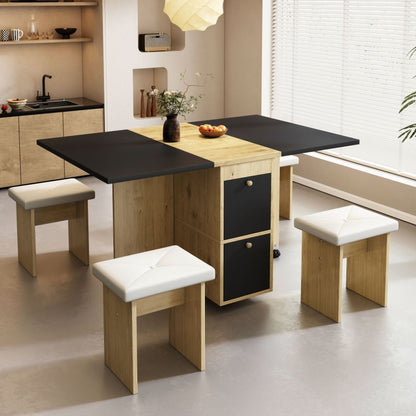 Uitschuifbare Eettafelset – Eetkamerset – Keukentafelset – Tafel Met Stoelen – Ruimtebesparend – Modern Landelijk Design – Wit Zwart Eikenhout – Compact En Multifunctioneel