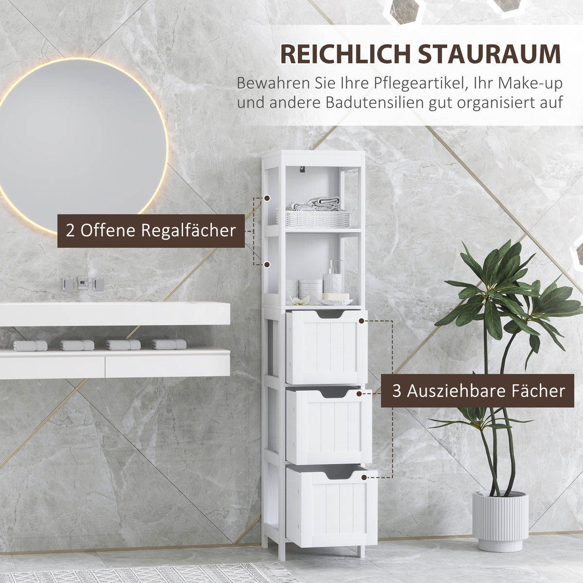 Badkamerkast – Opbergkast – Badkamermeubel – Kastje – Witte Badkamerkast – 2 Planken – 3 Laden – Waterafstotend Materiaal – Compact Formaat