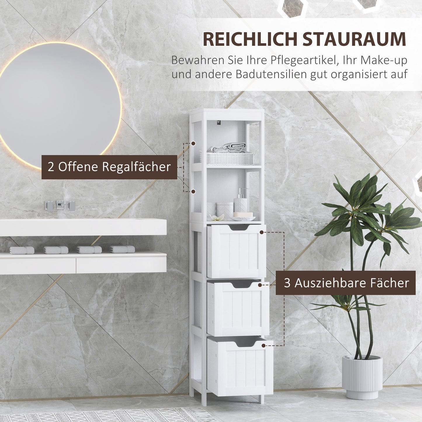 Badkamerkast – Badkamermeubel – Opbergkast – Kolomkast – Wastafelonderkast – Waterbestendig Materiaal – 2 Planken & 3 Lades – Wit