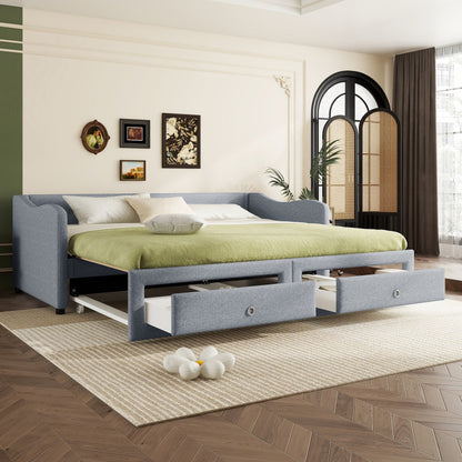 Slaapbank – Sofa Bed – Bedbank – Uitschuifbed – Bedbank met Lade – Grijze Linnenstof – Ruimtebesparend Ontwerp – Met 2 Opberglades