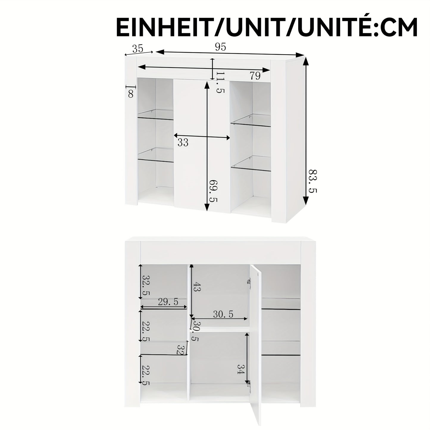 Modern Wit Kastje – Vrijstaand Dressoir – Opbergkast – Vitrinekast – Wandkast – Hoogglans Afwerking – Bamboe Met Glas – Compact 95x35x83 cm – Eenvoudig Te Monteren