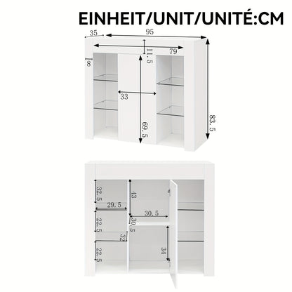 Modern Wit Kastje – Vrijstaand Dressoir – Opbergkast – Vitrinekast – Wandkast – Hoogglans Afwerking – Bamboe Met Glas – Compact 95x35x83 cm – Eenvoudig Te Monteren