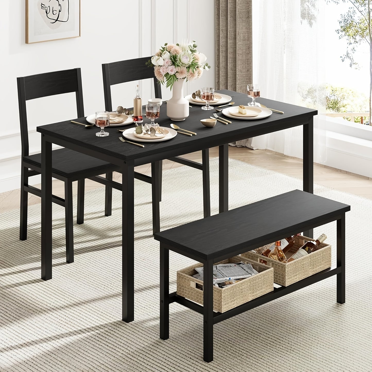 Dining Table Set for 4, Modern Kitchen Table with Chairs And Bench for Small Space, 4-Person Dining Room Table Set with Metal Frame And Storage Rack, Dinette Set for Apartment