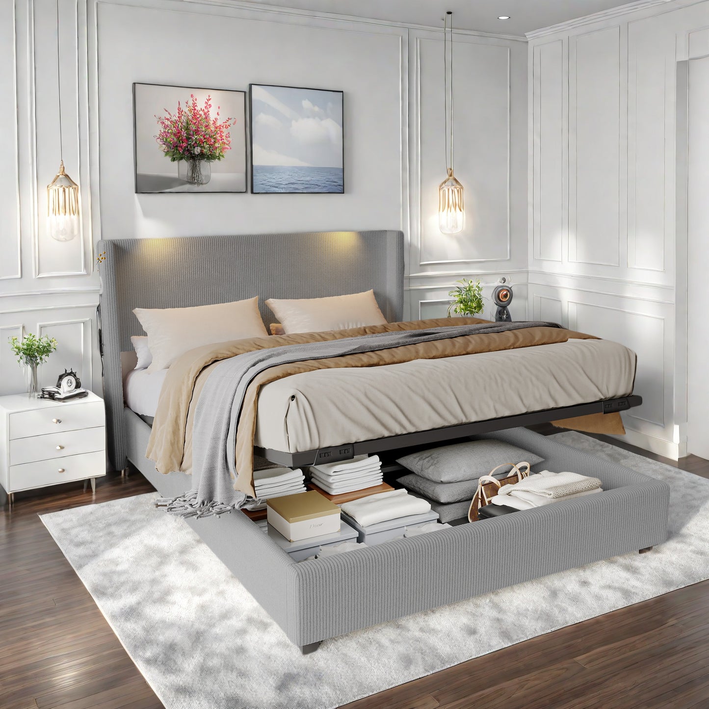 Opbergbed – Opbergbedden – Bed met Opbergruimte – Gestoffeerd Bed – Tweepersoonsbed – Hydraulisch Gasveer Mechanisme – LED-Verlichting en USB Oplaadfunctie – Fluwelen Bekleding en Metalen Frame