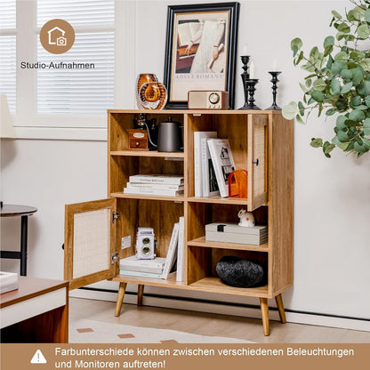 Dressoir – Sideboard – Opbergkast – Ladekast – Buffetkast – Houtenkleurig met Rattan Deuren – 80x29,5x97 cm – Stevige Constructie met Anti-Kantelbeugels