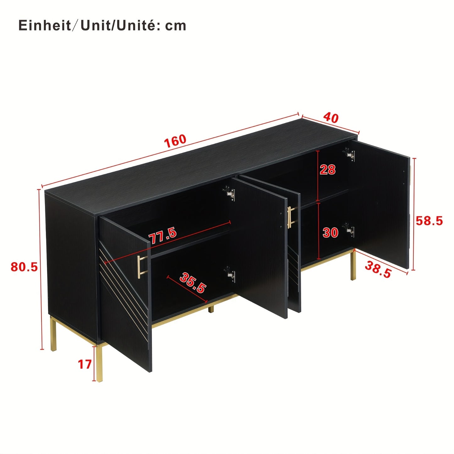 Dressoir – Sideboard – Buffetkast – Opbergkast – Kast – Modern Zwart & Goud – MDF Metalen Poten – 4 Deuren Met Verstelbare Legplanken