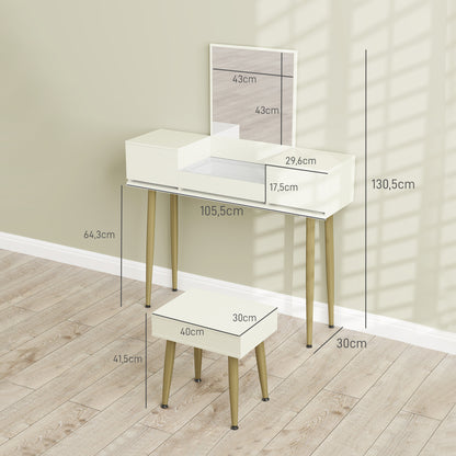 Kaptafel – Make-up Tafel – Schminktafel – Dressing Table – Cosmeticatafel – Met Spiegel en Kruk – 3 Lades en Tempered Glasblad – Metalen Poten – Wit – 105,5x30x130,5 cm
