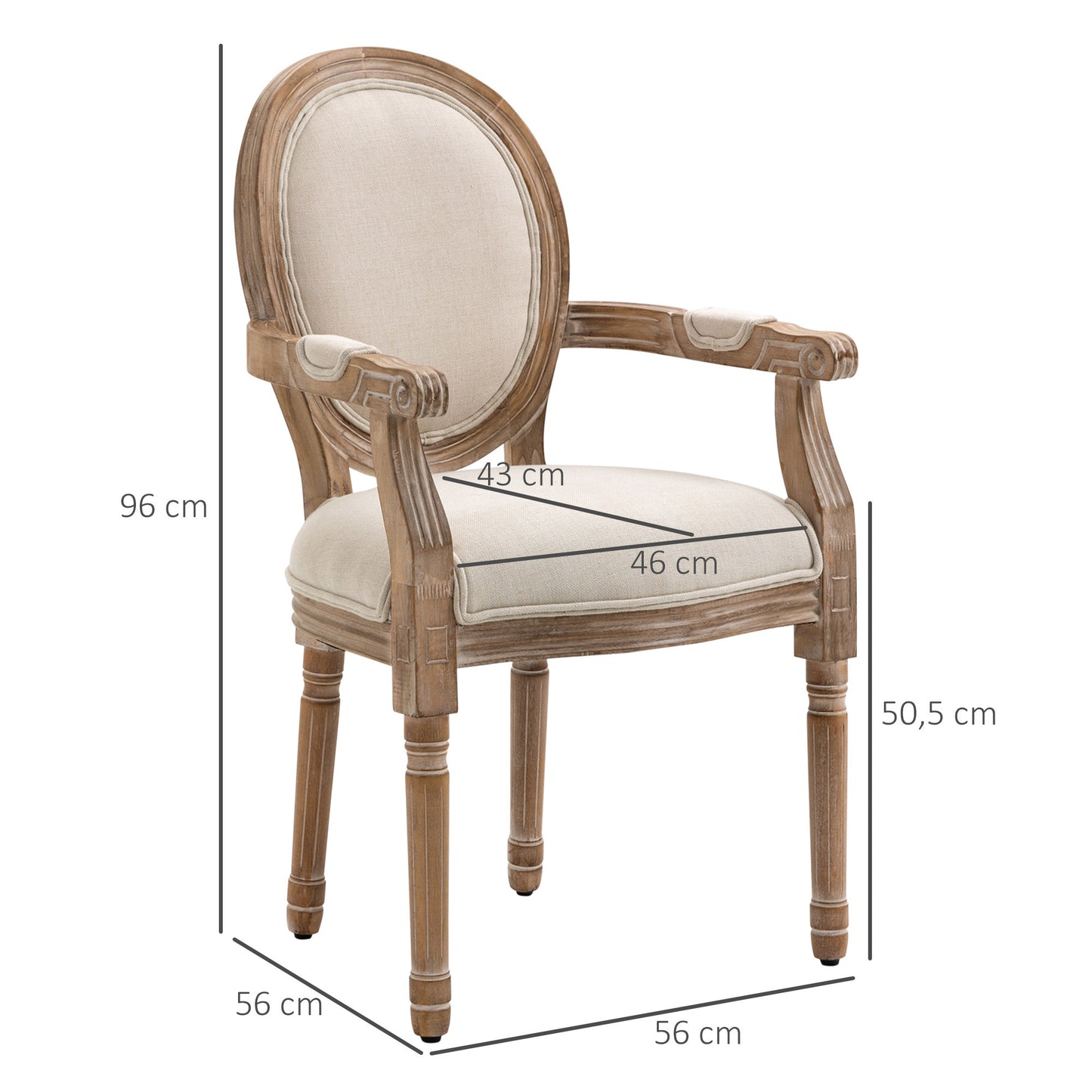 Eetkamerstoel – Keukenstoel – Stoel – Fauteuil – Zithoekstoel – Massief Hout – Linnenlook Bekleding – Antiek Design – Ademend – 56x54x96 cm – Crème Wit