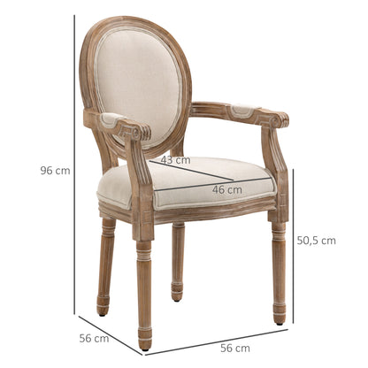 Eetkamerstoel – Keukenstoel – Stoel – Fauteuil – Zithoekstoel – Massief Hout – Linnenlook Bekleding – Antiek Design – Ademend – 56x54x96 cm – Crème Wit