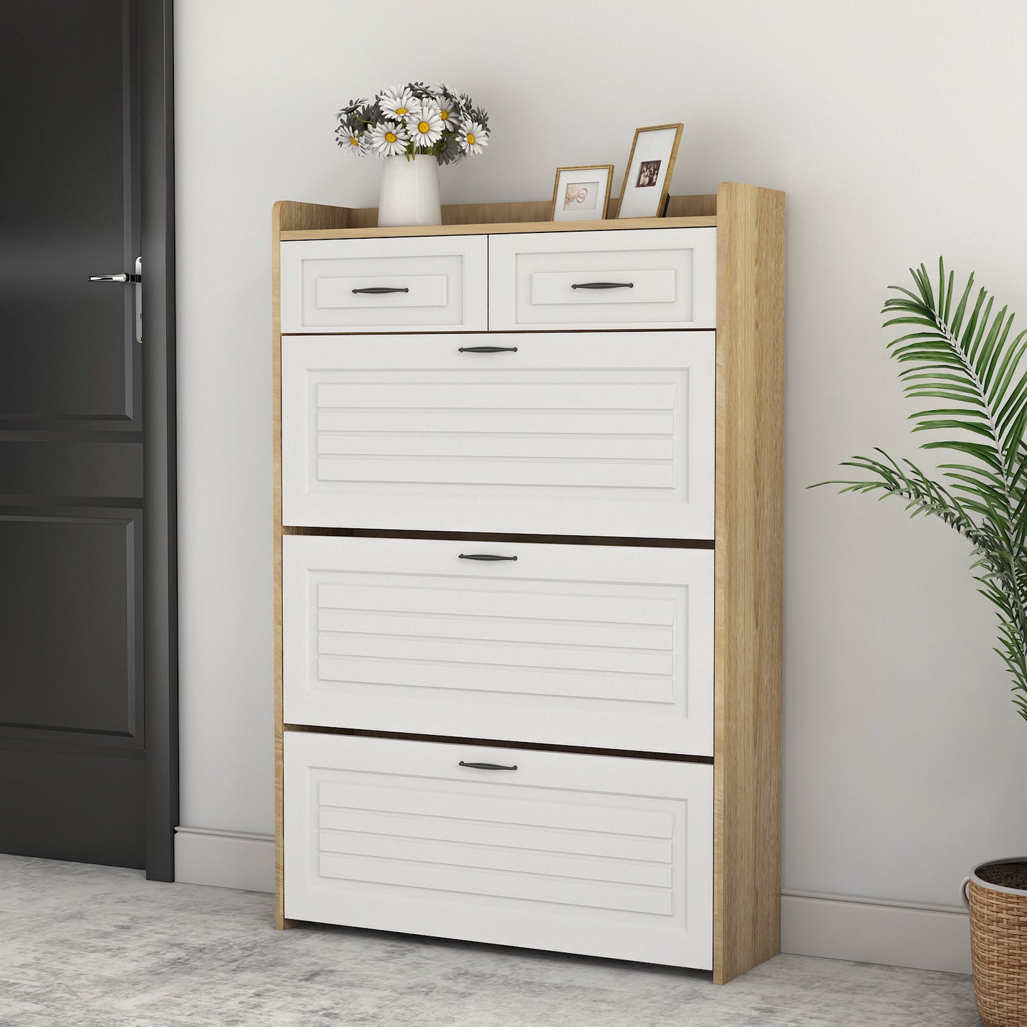 Schoenenkast – Schoenenrek – Schoenopberger – Schoenenmeubel – Schoenendisplay – Draaibare Vakken – 3 Flappen + 2 Laden – Wit Hout – Compact 80x23,5x125 cm