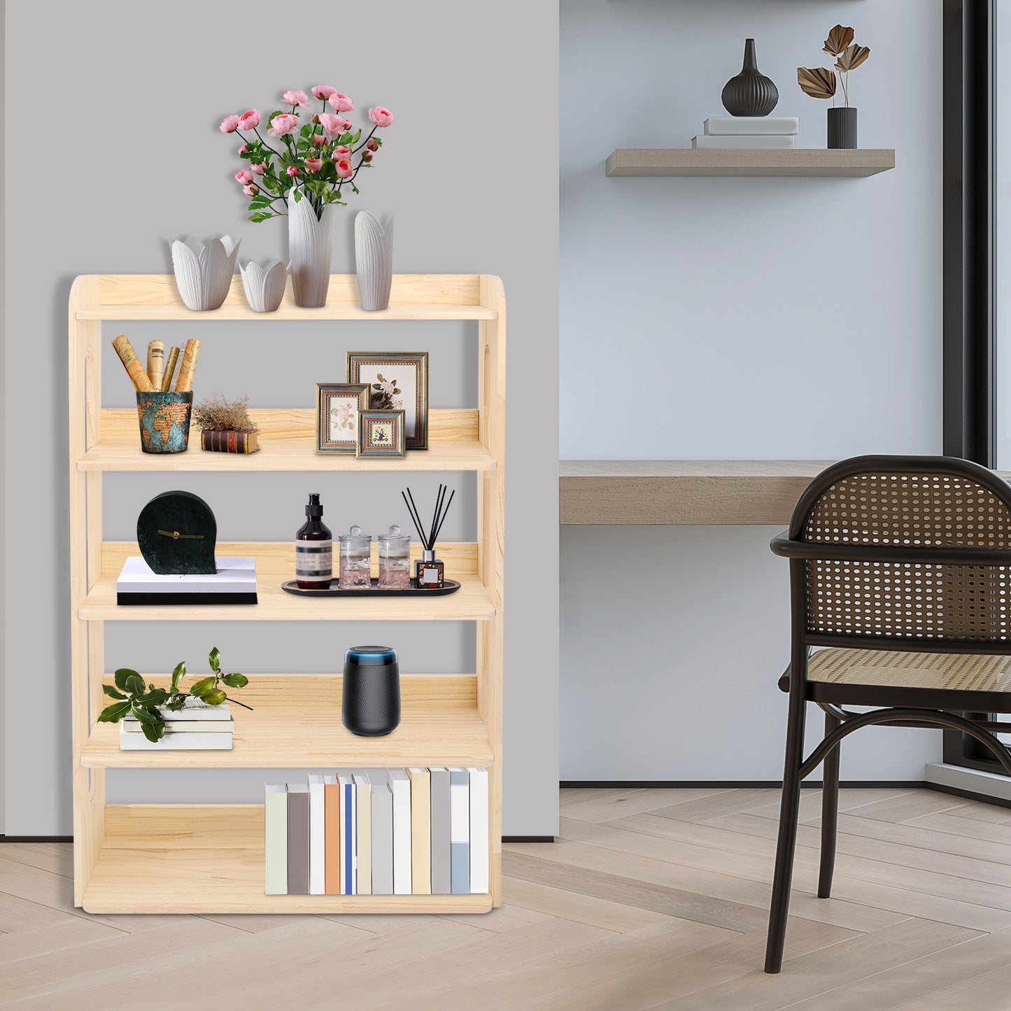 Boekenkast – Boekplank – Opbergkast – Boekrek – Boekstelling – 5-Laags – Onbehandeld Dennenhout – 80x26x130 cm – Ruimtebesparend Design