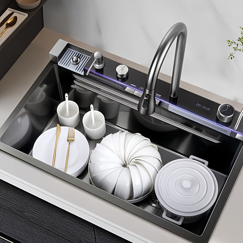 Keukenfontein – Spoelbak – Binnenfontein – Werkbladfontein – Undermount Spoelbak – Zwart Matzwart – RVS Duurzaam – Compact 29,5x17,7 cm – Inclusief Watervalkraan & Uittrekbare Sproeikop