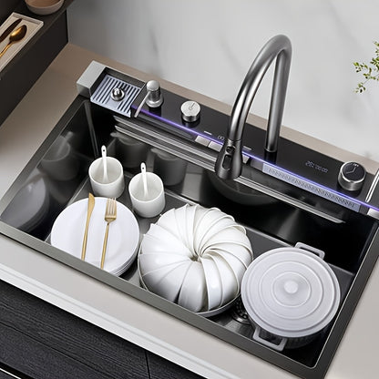 Keukenfontein – Spoelbak – Binnenfontein – Werkbladfontein – Undermount Spoelbak – Zwart Matzwart – RVS Duurzaam – Compact 29,5x17,7 cm – Inclusief Watervalkraan & Uittrekbare Sproeikop