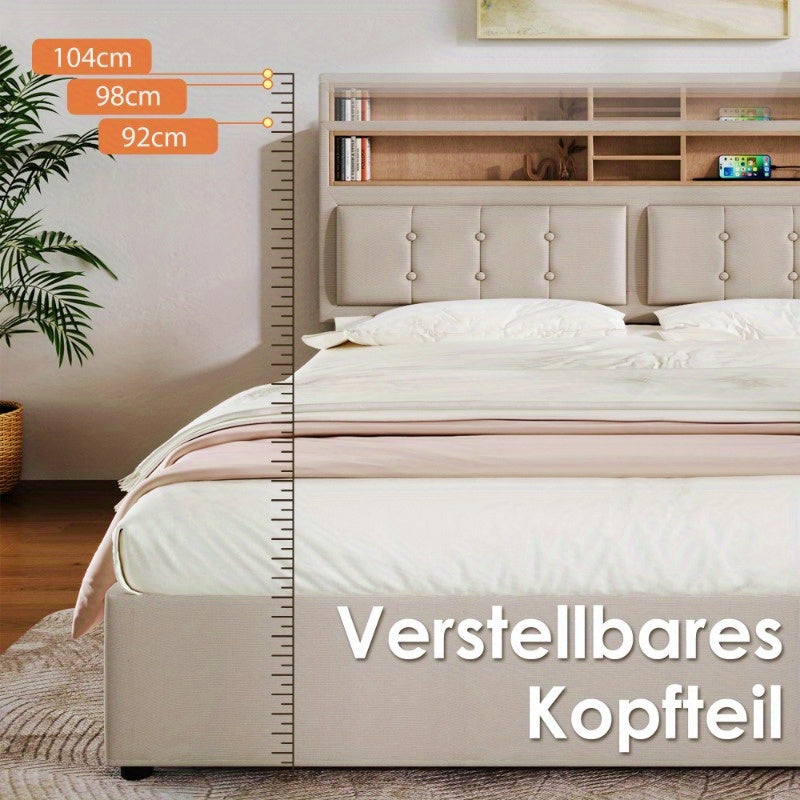 Bedkast – Tweepersoonsbed – Nachtkastje – Opbergbed – Slaapkamerkast – Verstelbaar Stoffen Hoofdbord – 4 Ruime Lades – 160x200 cm – Zonder Matras