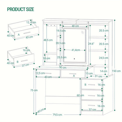 Kaptafel – Make-up Tafel – Vanity – Opmaaktabel – Cosmeticatafel – Verstelbare LED Verlichting – Grote Verplaatsbare Spiegel – Sieradenopslag – 5 Laden – Open Plank – Wit – 120x40x150 cm
