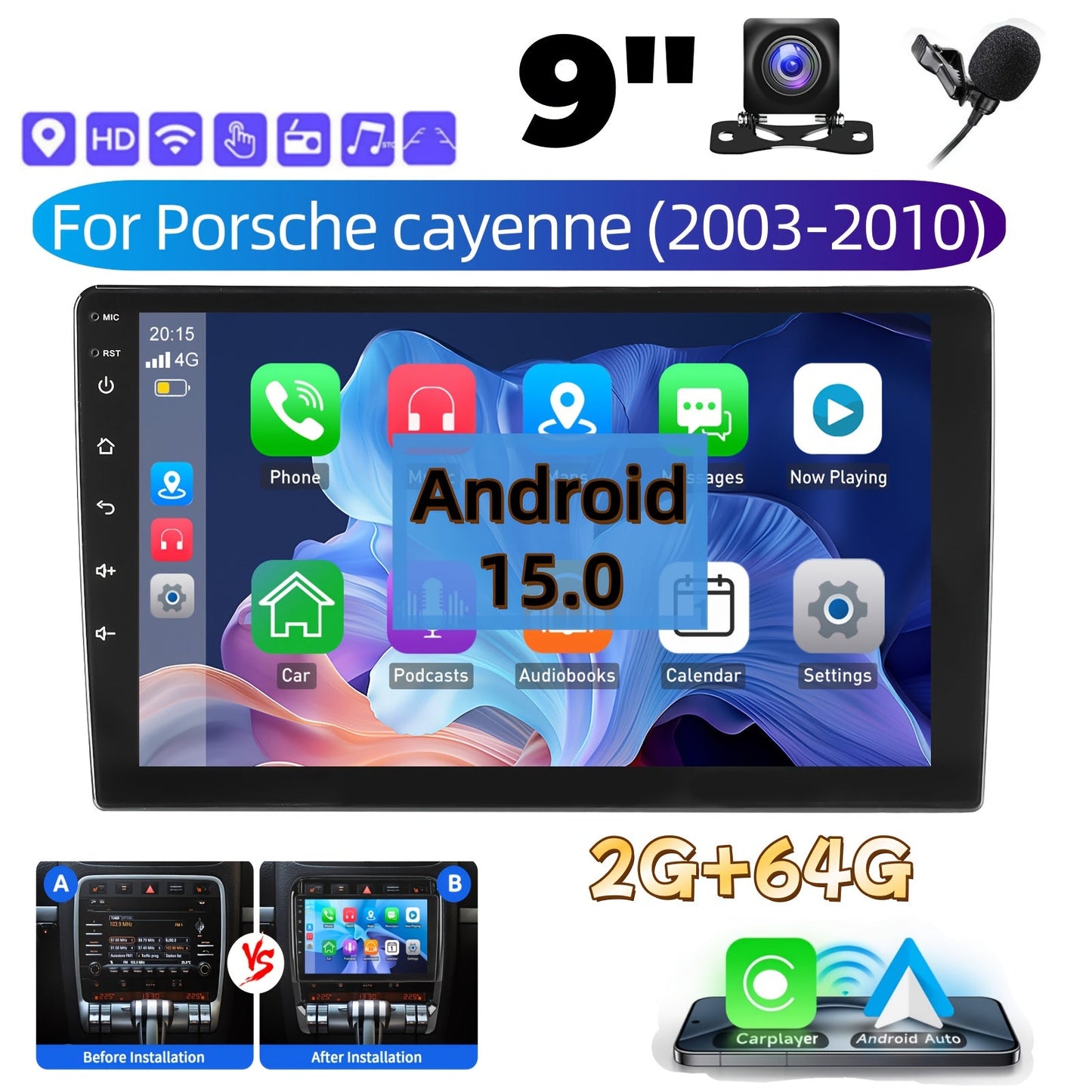 Autoradio – Navigatiesysteem – Multimedia Speler – Touchscreen Radio – Auto Entertainment – 9 Inch HD Scherm – Draadloos CarPlay – 2GB RAM + 64GB Opslag