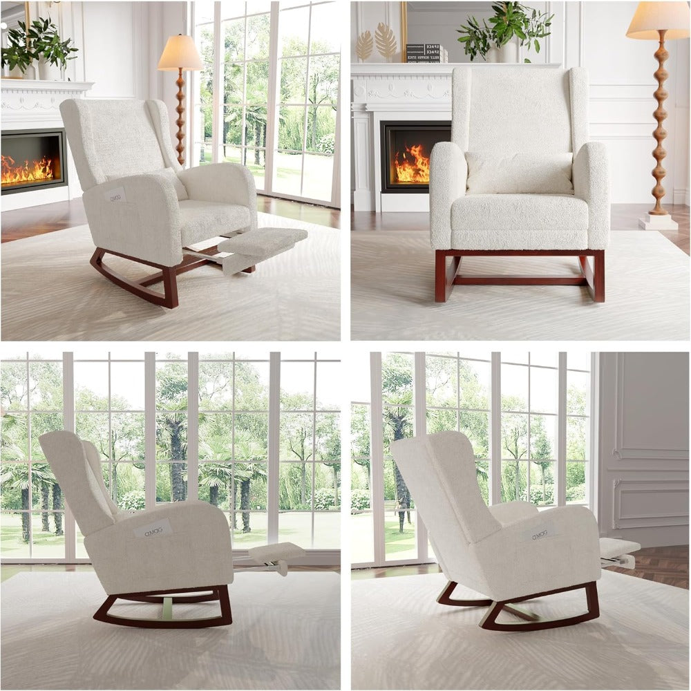 Schommelstoel – Relaxstoel – Schommelstoel Met Voetensteun – Lounge Stoel – Fauteuil – Linnen-Katoen Bekleding – Stevig Houten Frame – Compact 64x67x99 cm